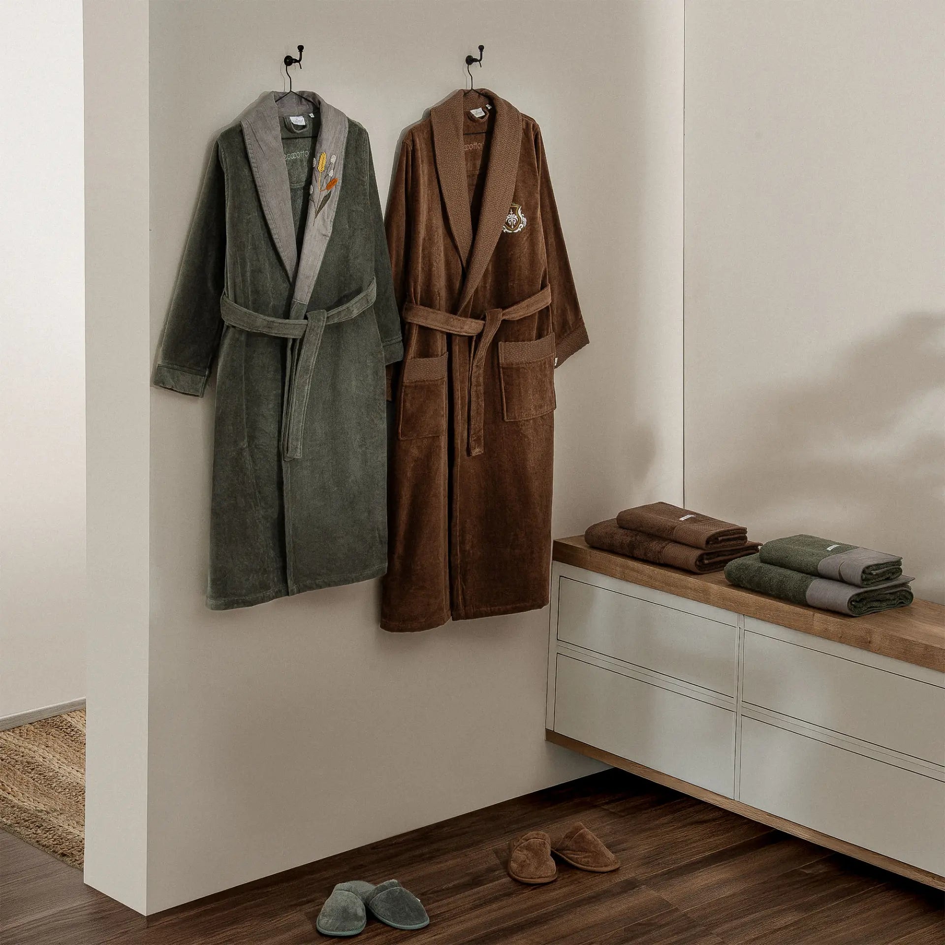 Farah Aile Bornoz Seti Organik Pamuk Yeşil-Kahve M/L