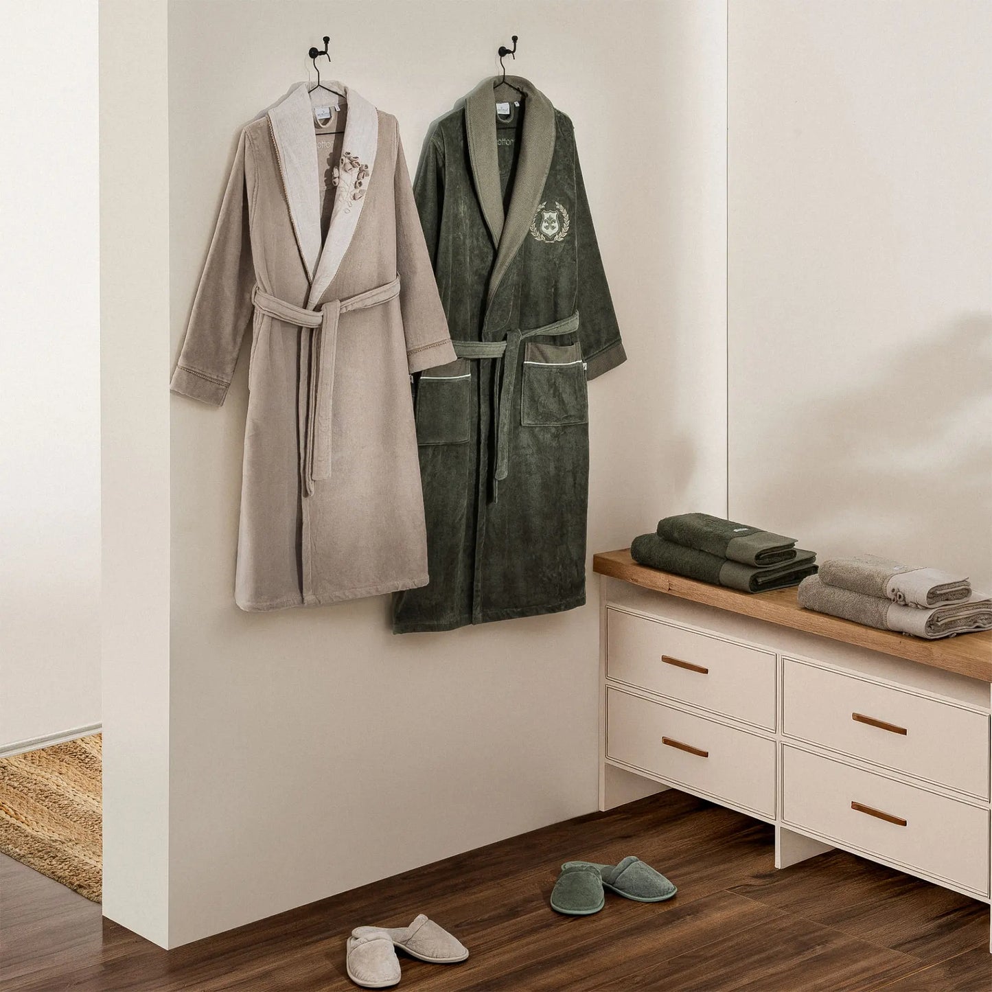 Masal Aile Bornoz Seti Organik Pamuk Bej-Yeşil M/L