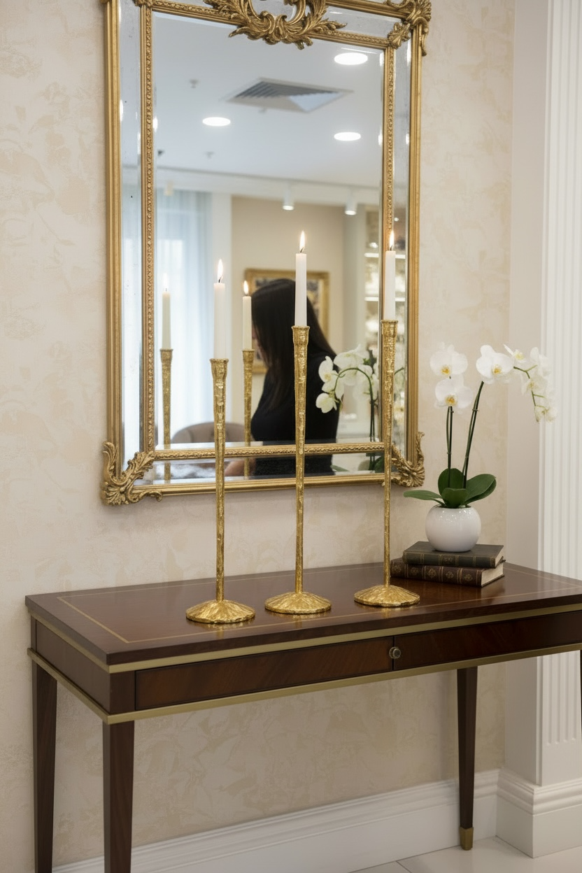 3'lü Ayaklı Uzun Pirinç Şamdan Mumluk