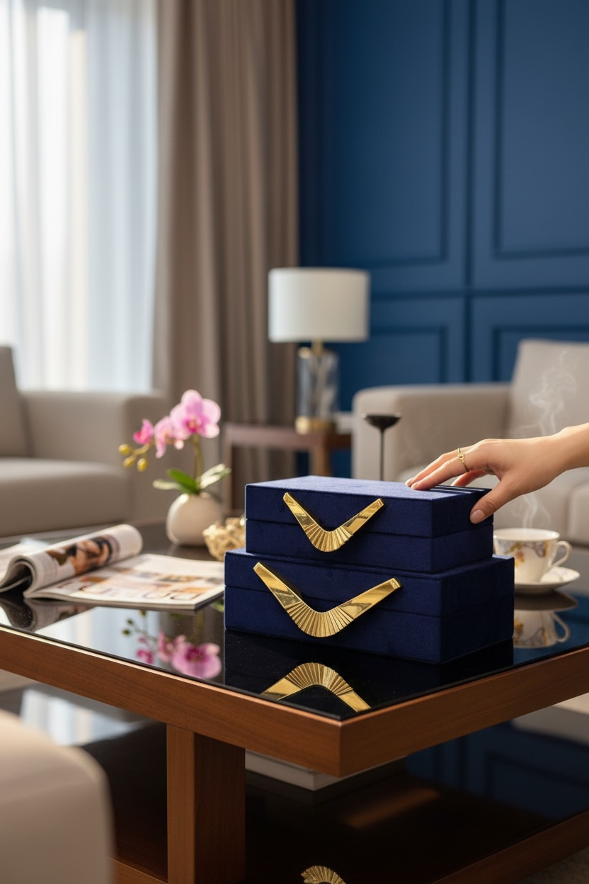 2’li Gold Detaylı Mavi Dekoratif Kutu