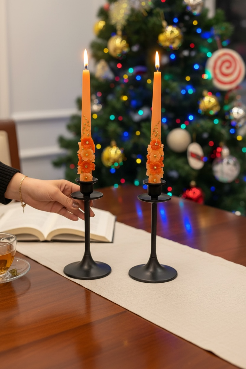 2’li 3D Turuncu Çiçekli Mum