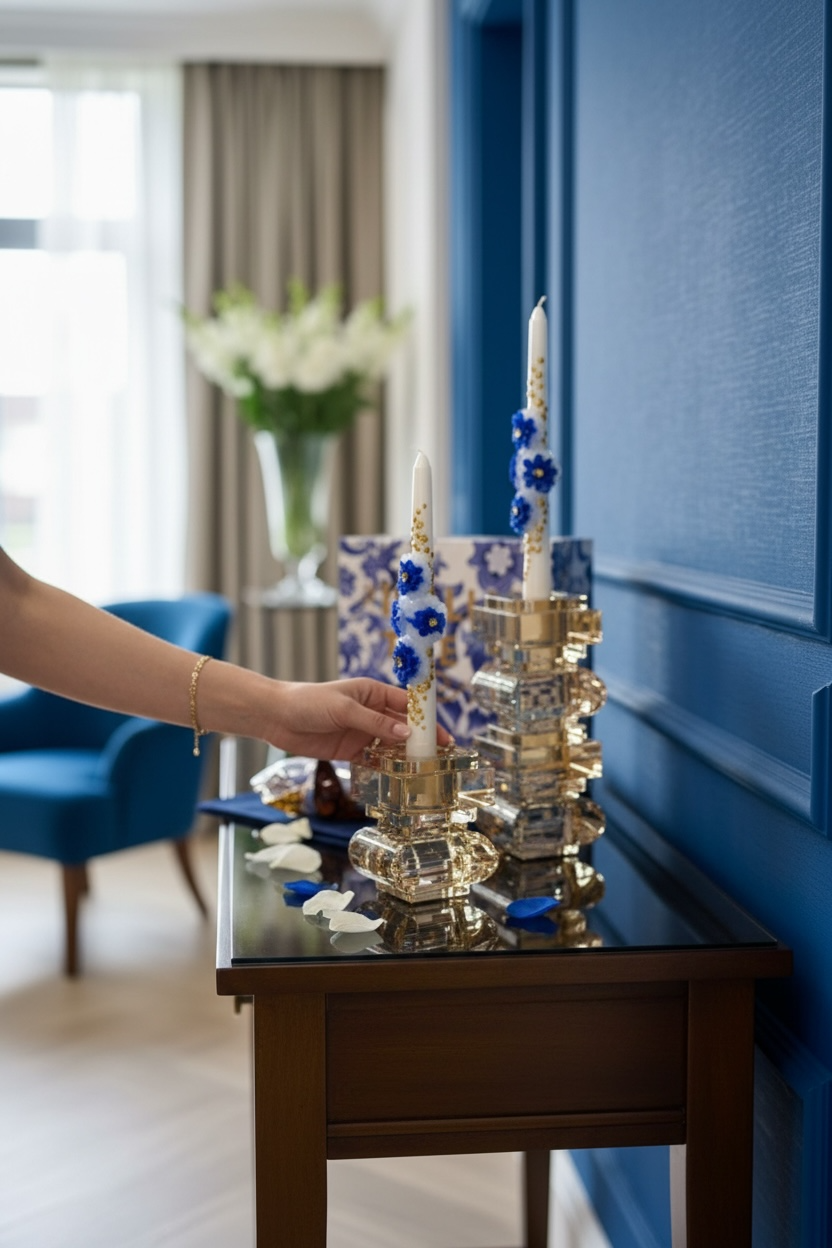 2’li 3D Mavi Çiçekli Mum