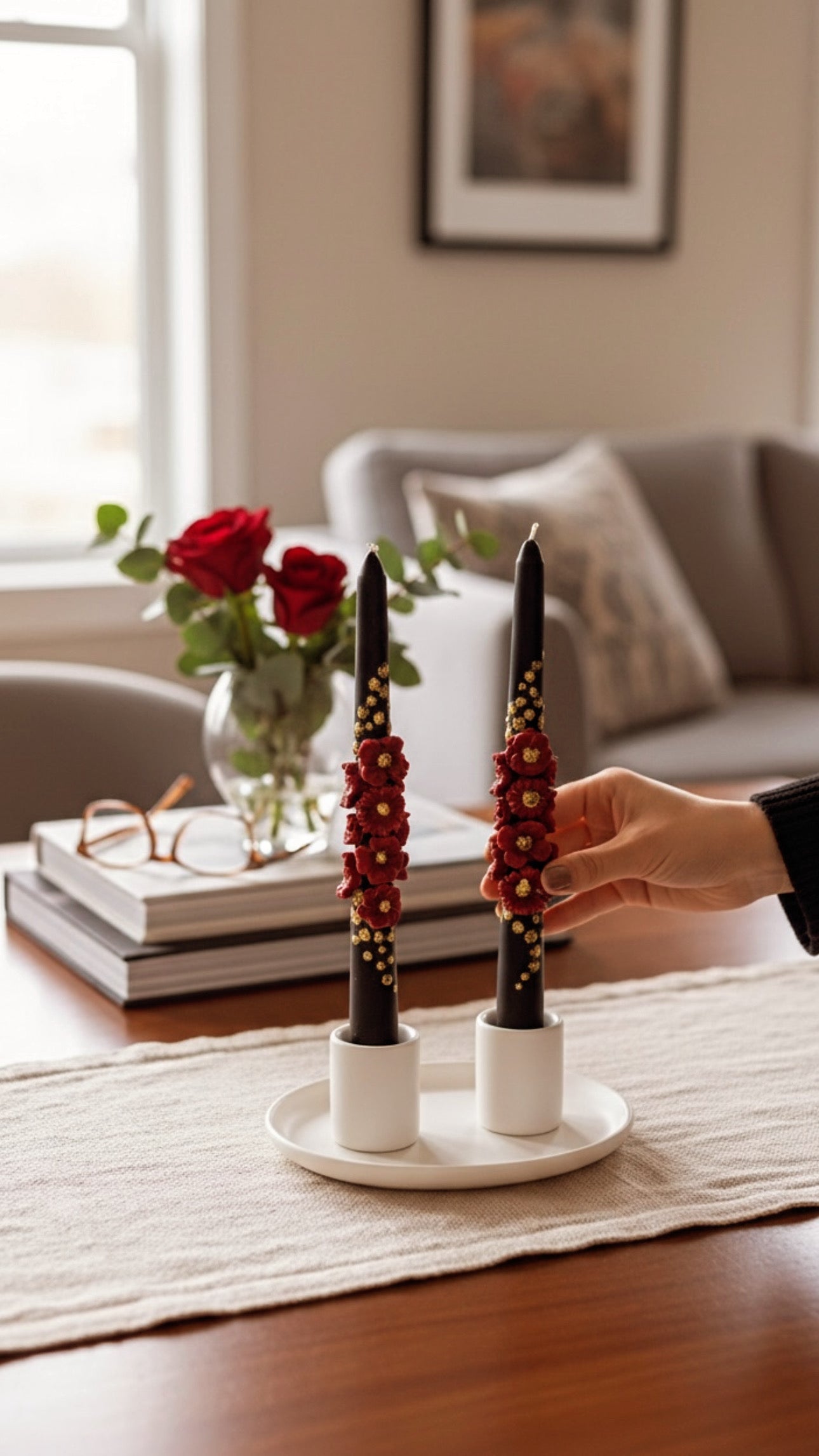2’li 3D Siyah-Kırmızı Çiçekli Mum