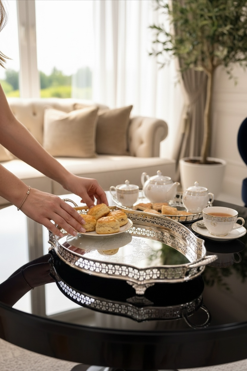 Gümüş Kulplu Oval Tepsi