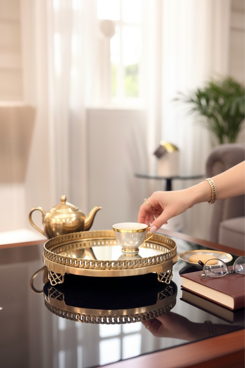 Antika Eskitme Aynalı Yuvarlak Tepsi