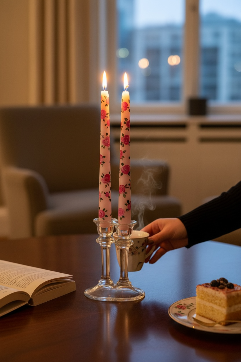 2’li Pembe Gül Desenli Mum