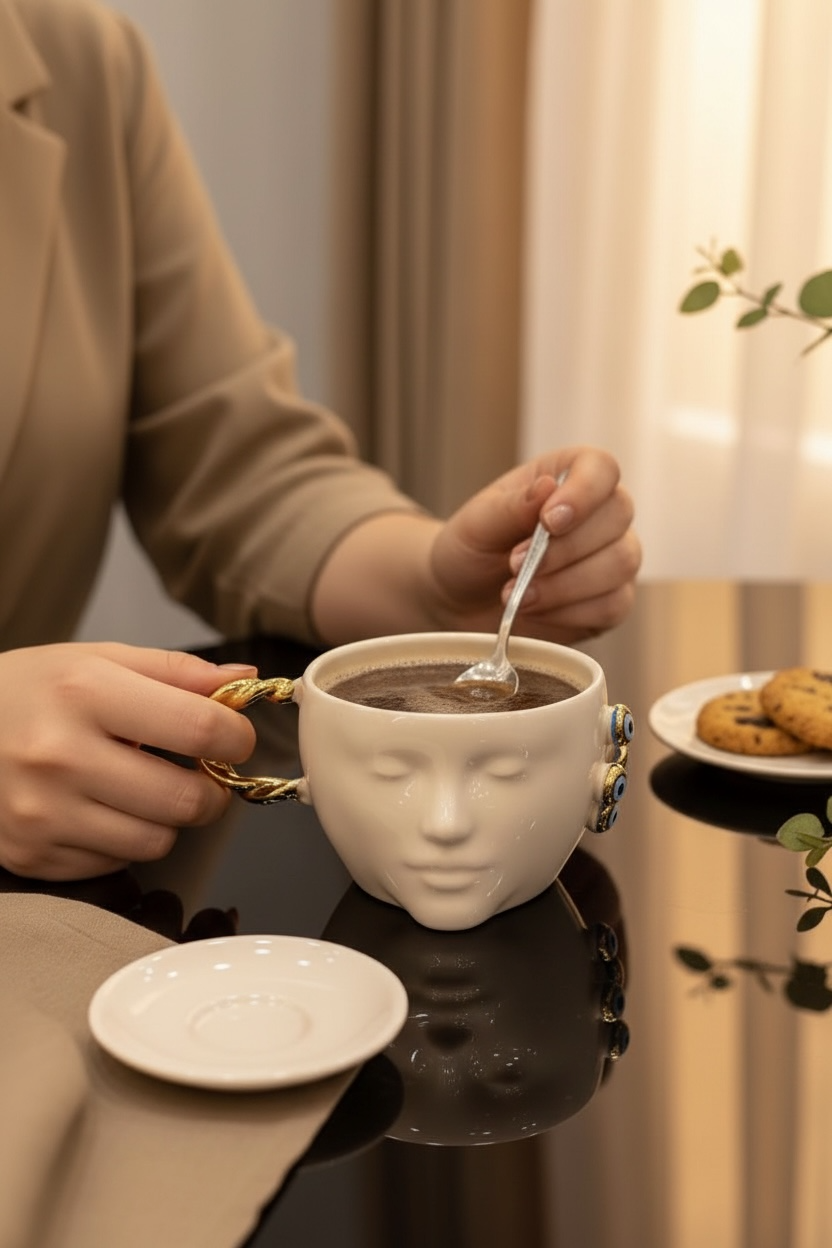 Seramik El Yapımı Yüz Detaylı Kupa