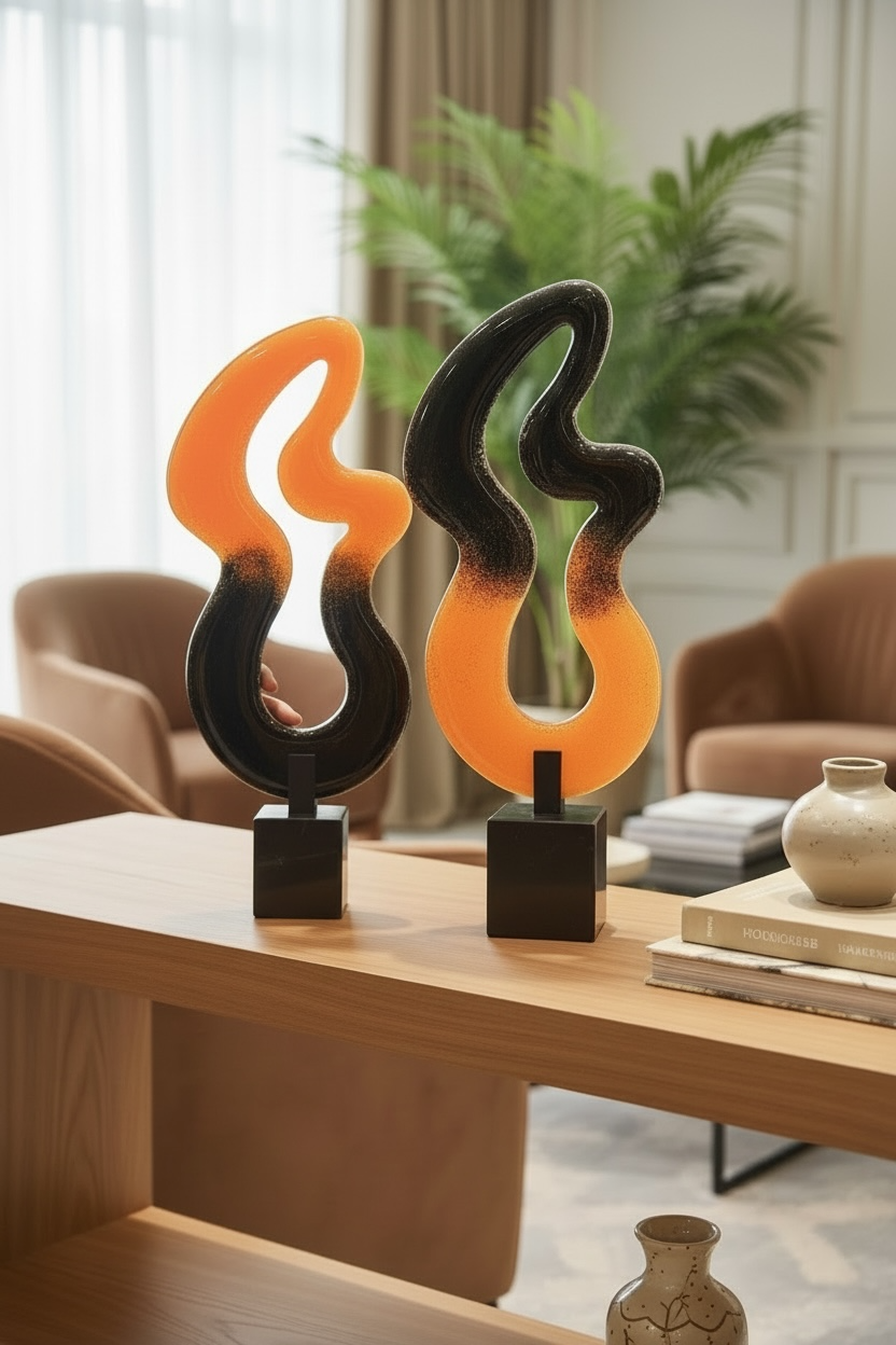 Cam Turuncu Siyah Kıvrımlı Dekoratif Obje Tekli