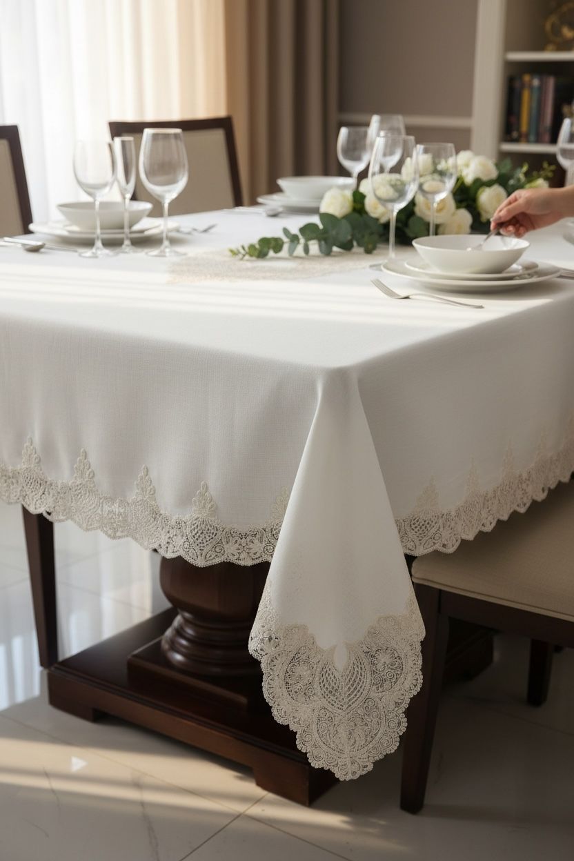 El İşleme Dantelli Masa Örtüsü