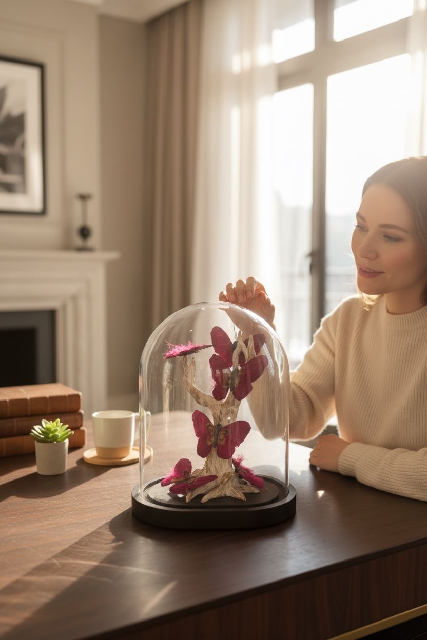 Bordo Kelebekli Cam Fanus