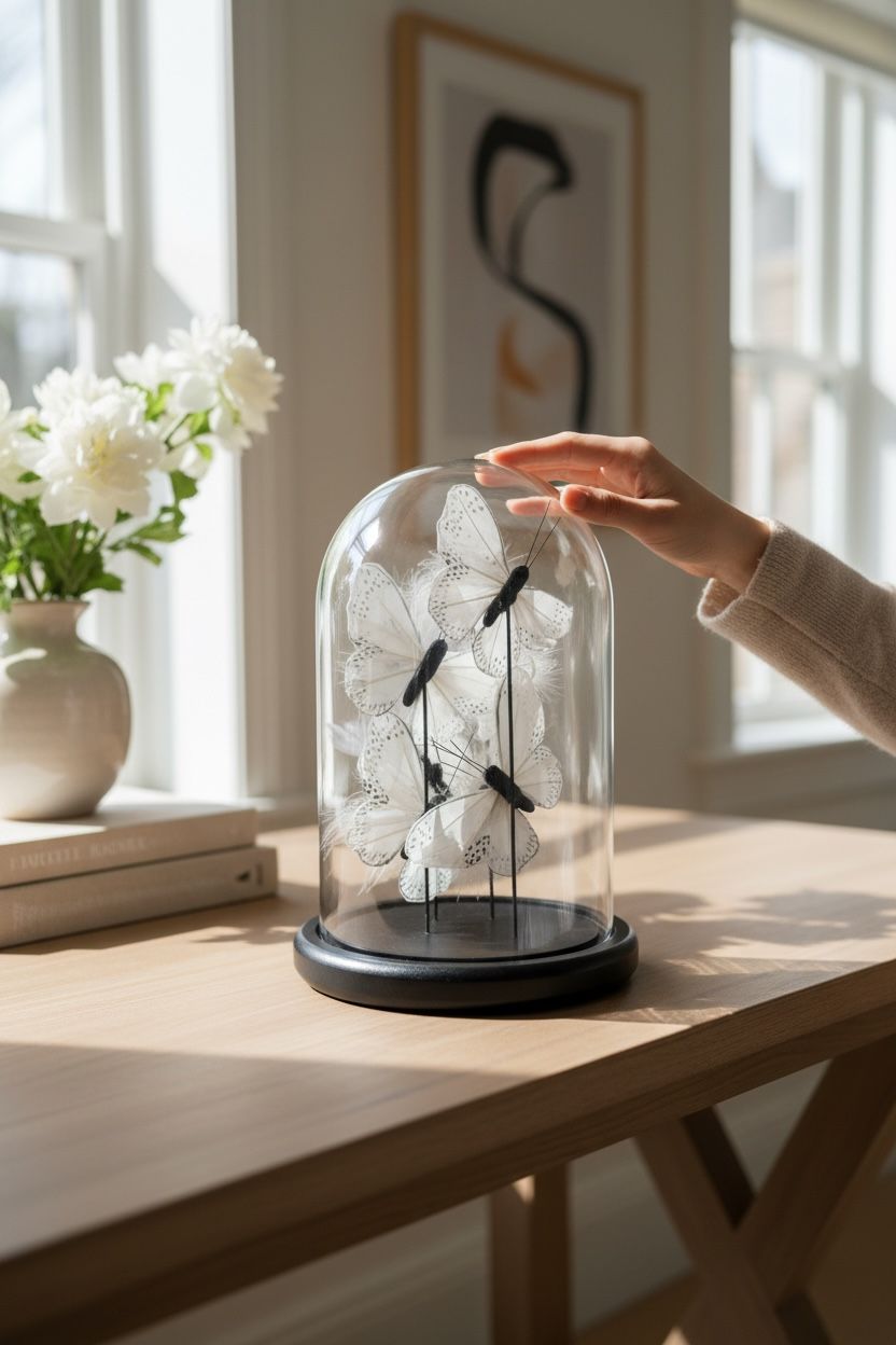 Beyaz Kelebekli Cam Fanus