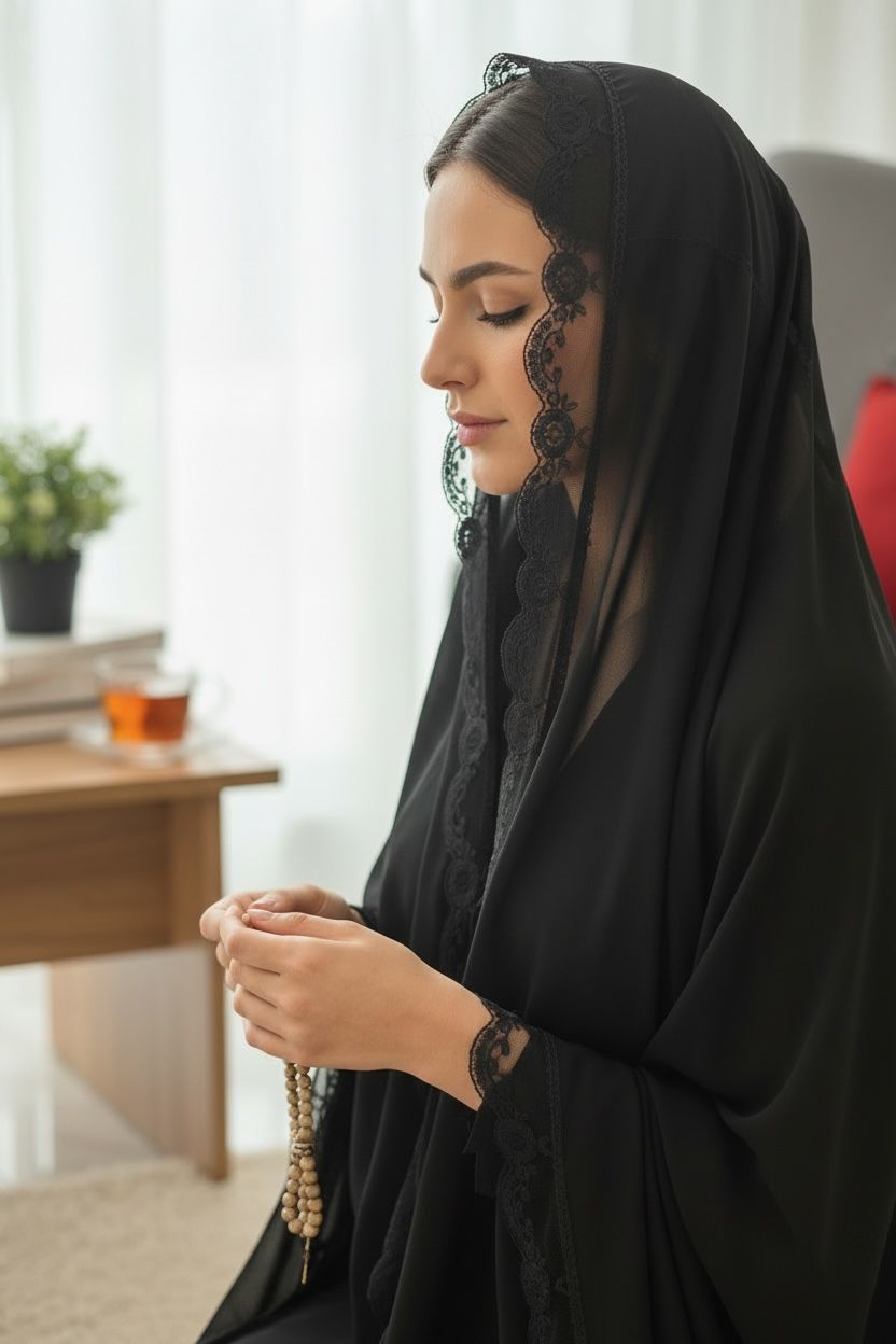 Siyah Küçük Güllü Namaz Başörtüsü