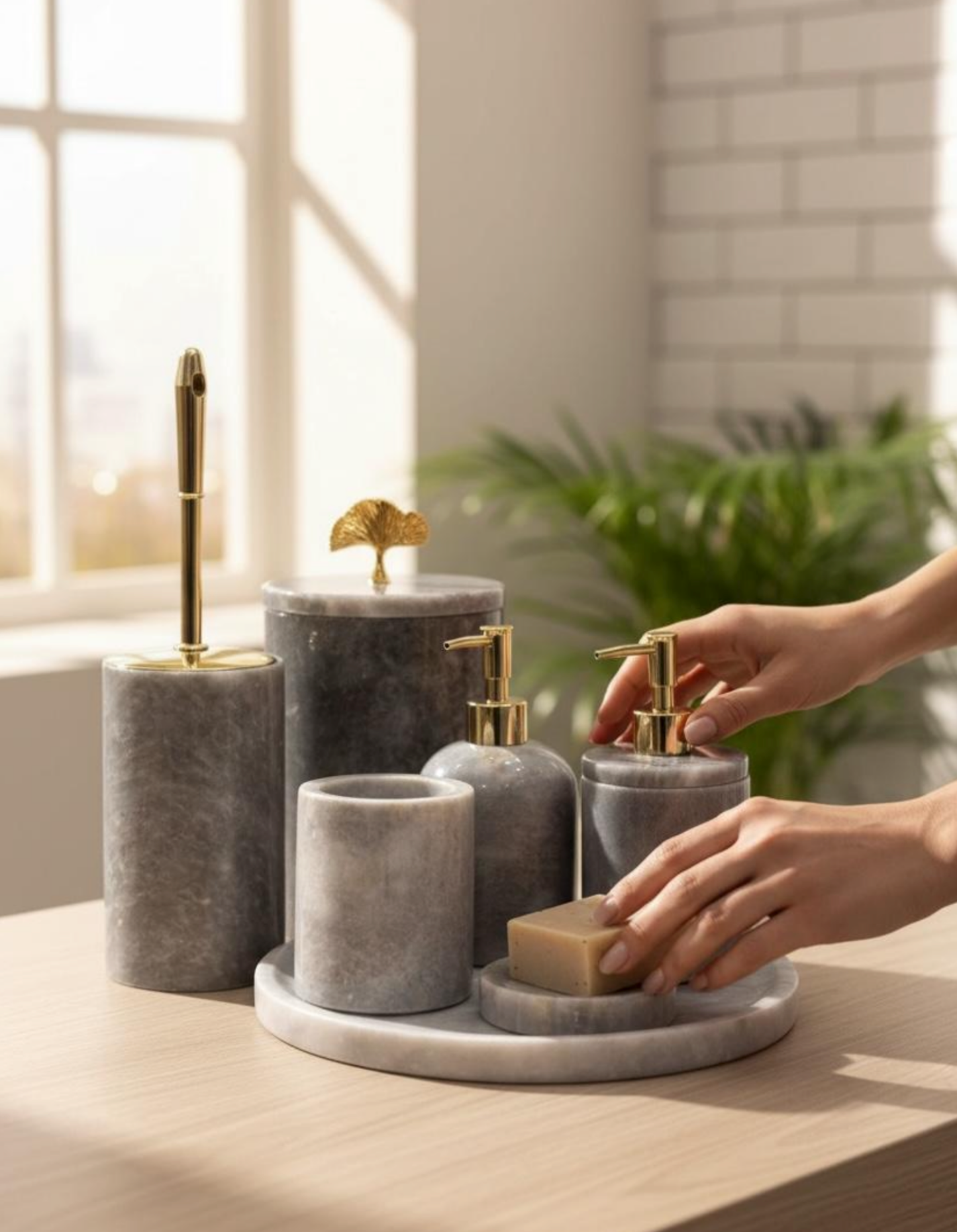7 Parçalı Gri Mermer Banyo Seti