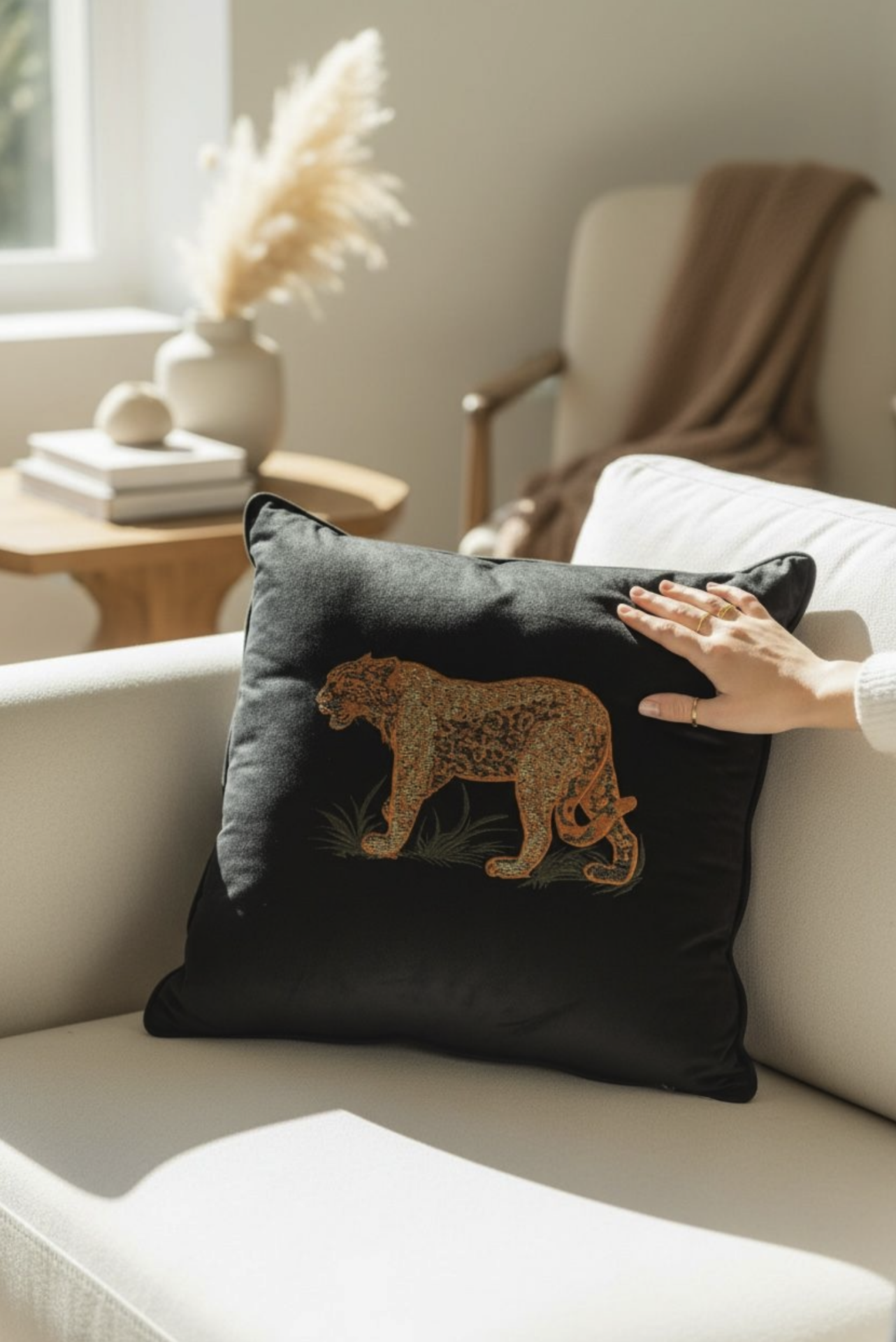 Leopar Nakışlı Siyah Yastik
