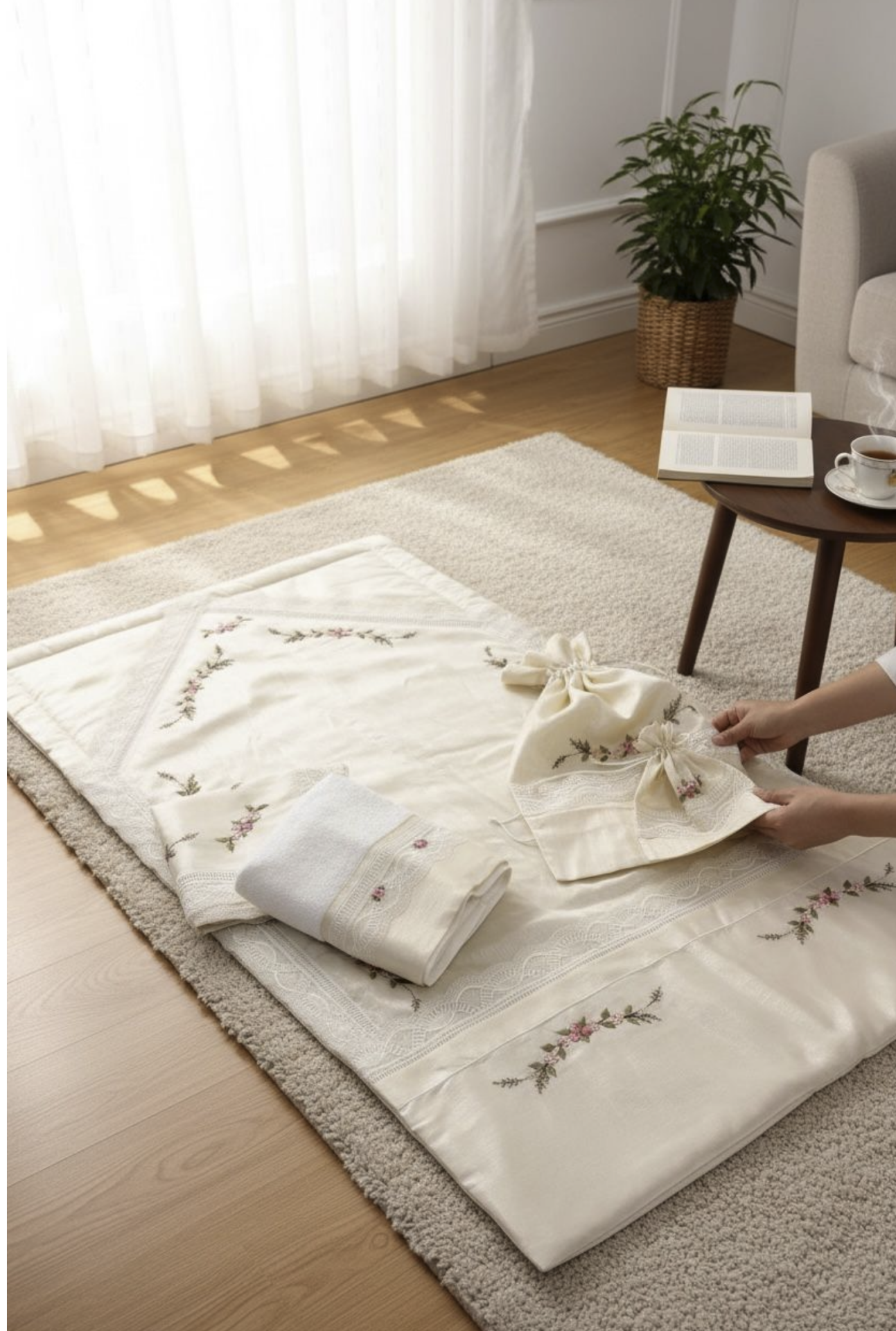 Krem Saten İğne Oyalı Namaz Seti