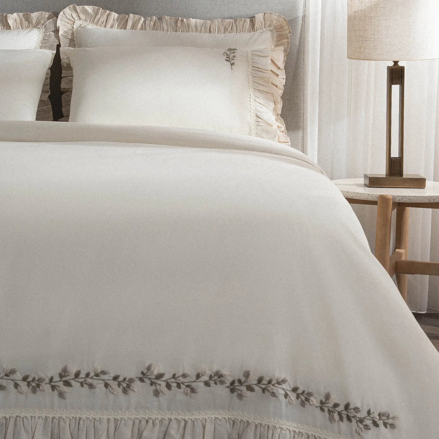 Leyna Çift Kişilik Nevresim Takımı Organik Pamuk Keten Krem