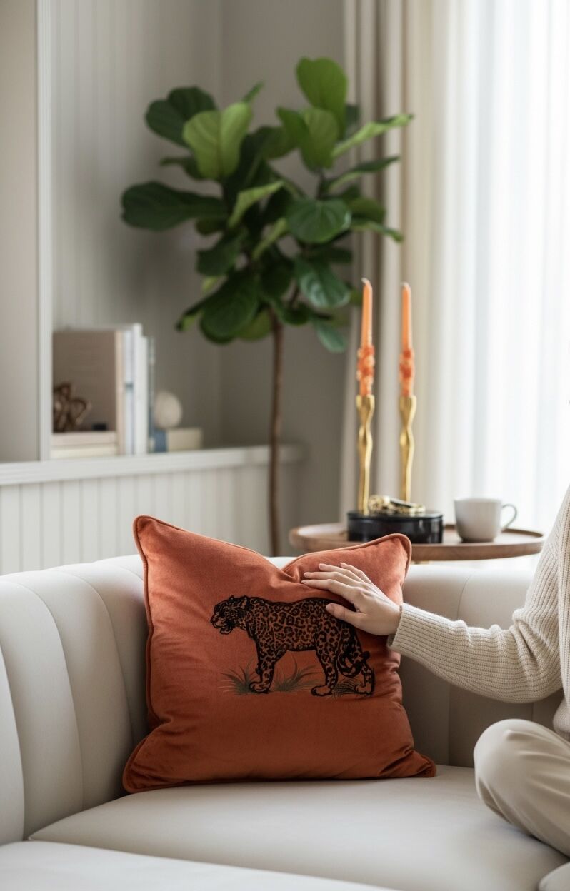 Leopar Nakışlı Turuncu Yastik