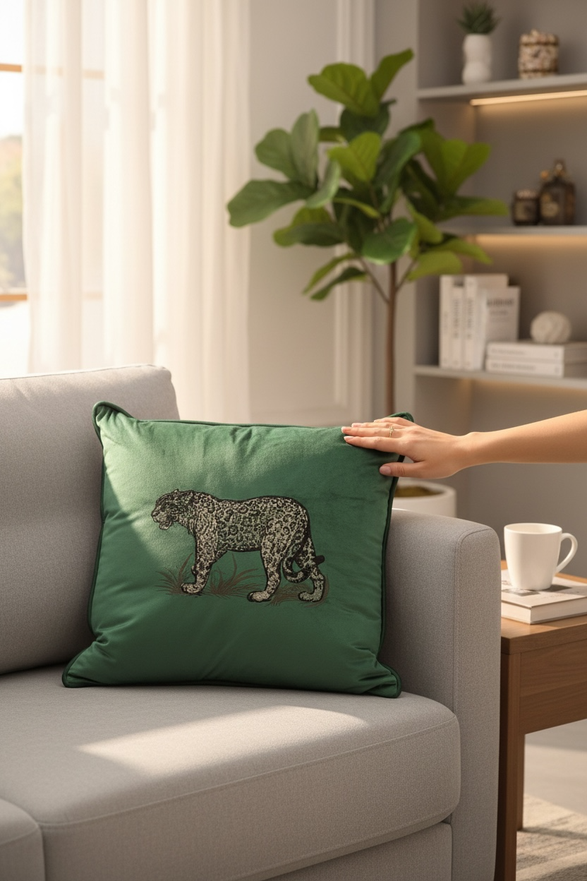 Mikasa Moor Leopar Nakışlı Yeşil Yastik