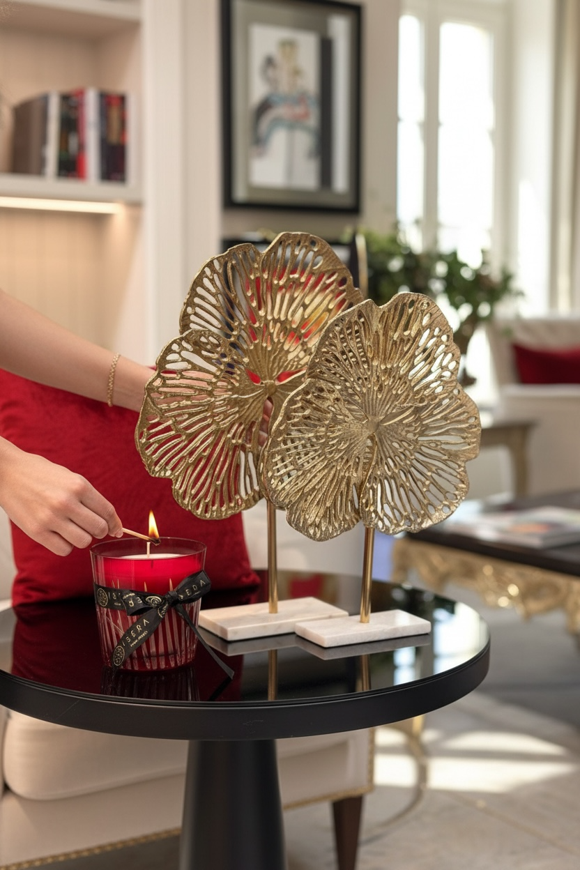 Mermer Ayaklı Gold Yonca Obje